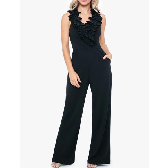 XSCAPE Evenings "SKYLA" RUFFLE FRONT JUMPSUIT Size 16 Black BEW 5985X - Picture 1 of 10